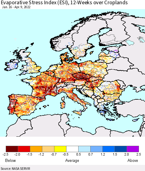 Europe Evaporative Stress Index (ESI), 12-Weeks over Croplands Thematic Map For 4/4/2022 - 4/10/2022
