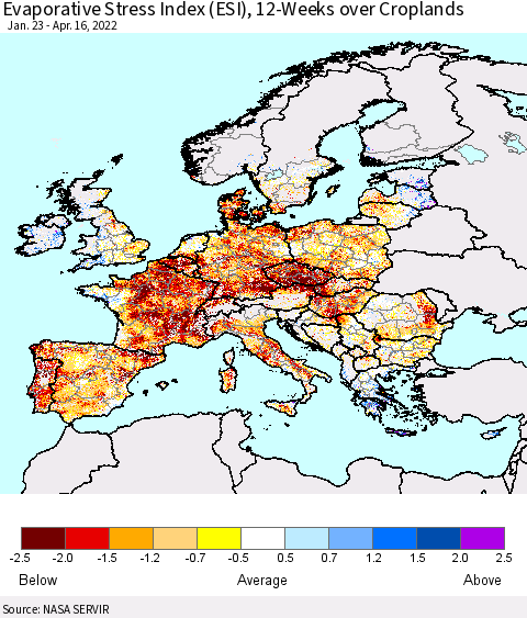Europe Evaporative Stress Index (ESI), 12-Weeks over Croplands Thematic Map For 4/11/2022 - 4/17/2022