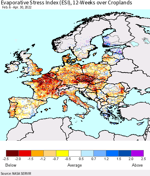 Europe Evaporative Stress Index (ESI), 12-Weeks over Croplands Thematic Map For 4/25/2022 - 5/1/2022