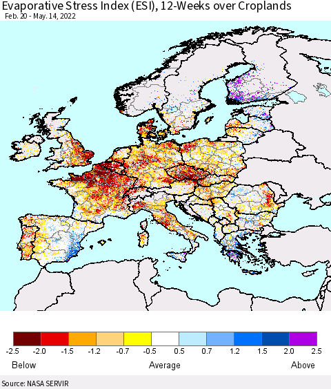 Europe Evaporative Stress Index (ESI), 12-Weeks over Croplands Thematic Map For 5/9/2022 - 5/15/2022
