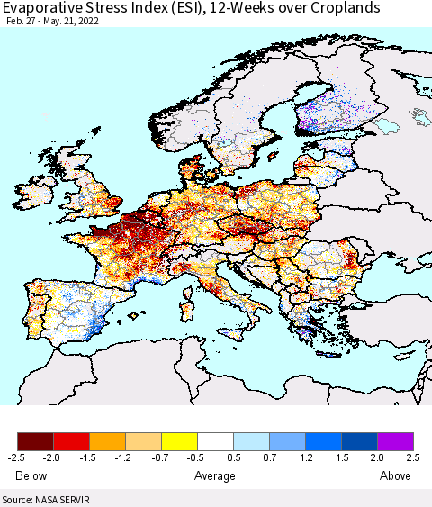 Europe Evaporative Stress Index (ESI), 12-Weeks over Croplands Thematic Map For 5/16/2022 - 5/22/2022
