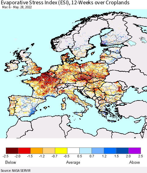 Europe Evaporative Stress Index (ESI), 12-Weeks over Croplands Thematic Map For 5/23/2022 - 5/29/2022