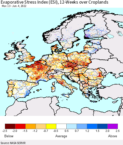 Europe Evaporative Stress Index (ESI), 12-Weeks over Croplands Thematic Map For 5/30/2022 - 6/5/2022