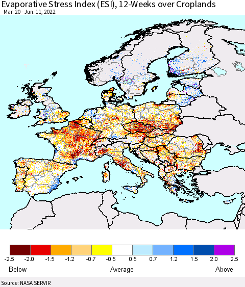 Europe Evaporative Stress Index (ESI), 12-Weeks over Croplands Thematic Map For 6/6/2022 - 6/12/2022