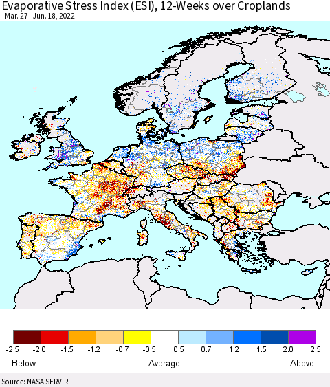 Europe Evaporative Stress Index (ESI), 12-Weeks over Croplands Thematic Map For 6/13/2022 - 6/19/2022