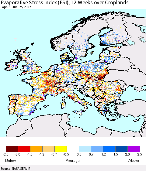 Europe Evaporative Stress Index (ESI), 12-Weeks over Croplands Thematic Map For 6/20/2022 - 6/26/2022