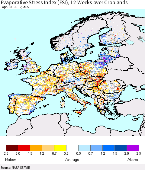 Europe Evaporative Stress Index (ESI), 12-Weeks over Croplands Thematic Map For 6/27/2022 - 7/3/2022
