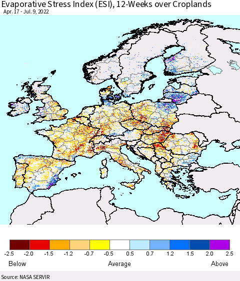 Europe Evaporative Stress Index (ESI), 12-Weeks over Croplands Thematic Map For 7/4/2022 - 7/10/2022