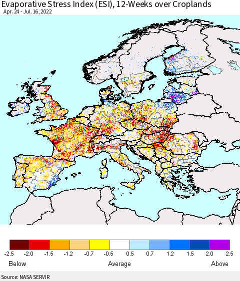 Europe Evaporative Stress Index (ESI), 12-Weeks over Croplands Thematic Map For 7/11/2022 - 7/17/2022