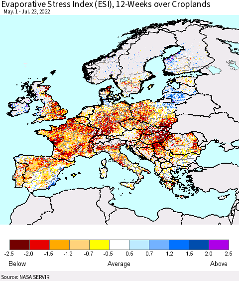 Europe Evaporative Stress Index (ESI), 12-Weeks over Croplands Thematic Map For 7/18/2022 - 7/24/2022