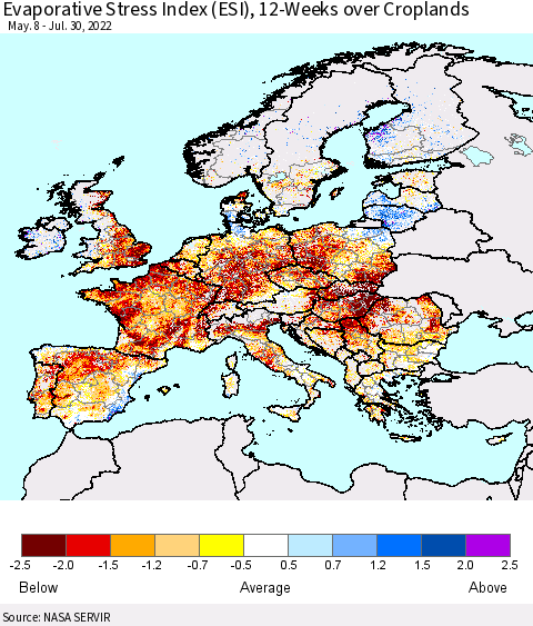 Europe Evaporative Stress Index (ESI), 12-Weeks over Croplands Thematic Map For 7/25/2022 - 7/31/2022