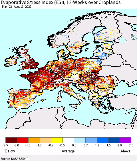 Europe Evaporative Stress Index (ESI), 12-Weeks over Croplands Thematic Map For 8/8/2022 - 8/14/2022