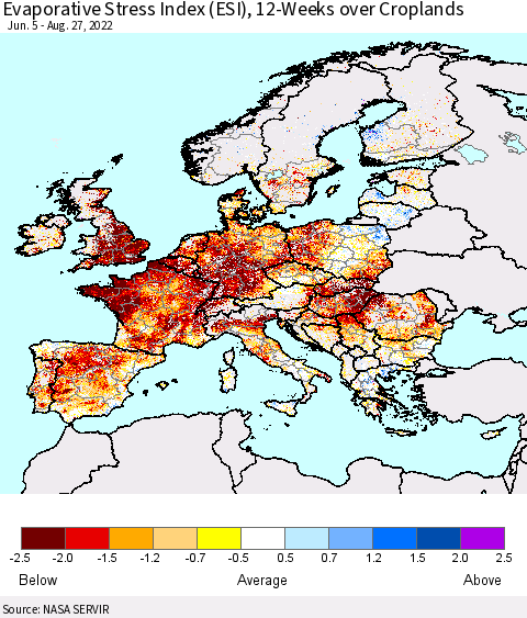 Europe Evaporative Stress Index (ESI), 12-Weeks over Croplands Thematic Map For 8/22/2022 - 8/28/2022