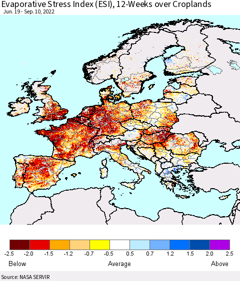 Europe Evaporative Stress Index (ESI), 12-Weeks over Croplands Thematic Map For 9/5/2022 - 9/11/2022