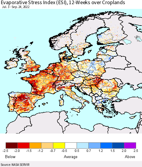 Europe Evaporative Stress Index (ESI), 12-Weeks over Croplands Thematic Map For 9/19/2022 - 9/25/2022