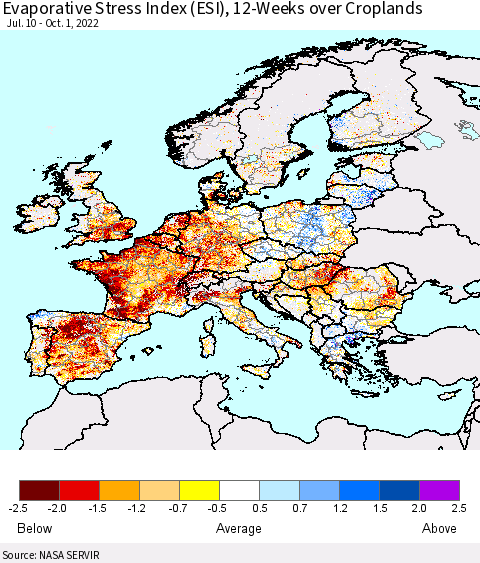 Europe Evaporative Stress Index (ESI), 12-Weeks over Croplands Thematic Map For 9/26/2022 - 10/2/2022