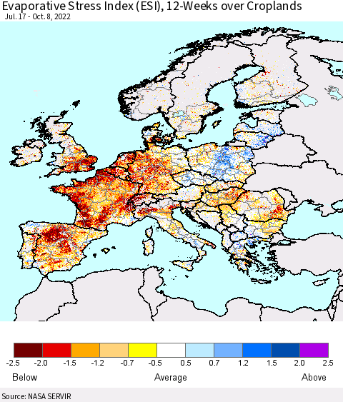 Europe Evaporative Stress Index (ESI), 12-Weeks over Croplands Thematic Map For 10/3/2022 - 10/9/2022