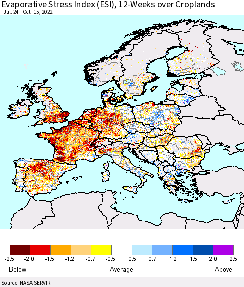 Europe Evaporative Stress Index (ESI), 12-Weeks over Croplands Thematic Map For 10/10/2022 - 10/16/2022