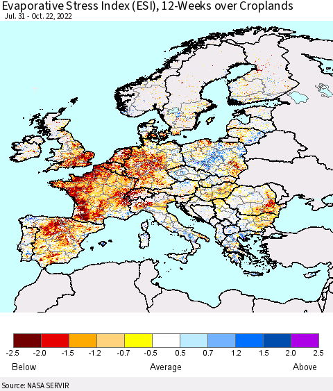 Europe Evaporative Stress Index (ESI), 12-Weeks over Croplands Thematic Map For 10/17/2022 - 10/23/2022