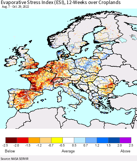 Europe Evaporative Stress Index (ESI), 12-Weeks over Croplands Thematic Map For 10/24/2022 - 10/30/2022