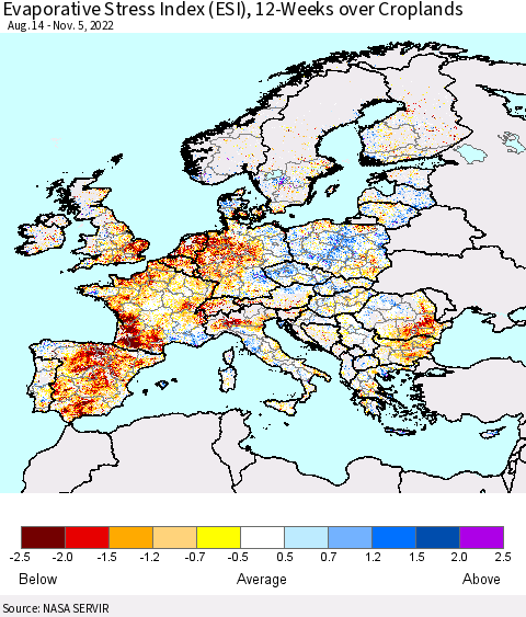 Europe Evaporative Stress Index (ESI), 12-Weeks over Croplands Thematic Map For 10/31/2022 - 11/6/2022