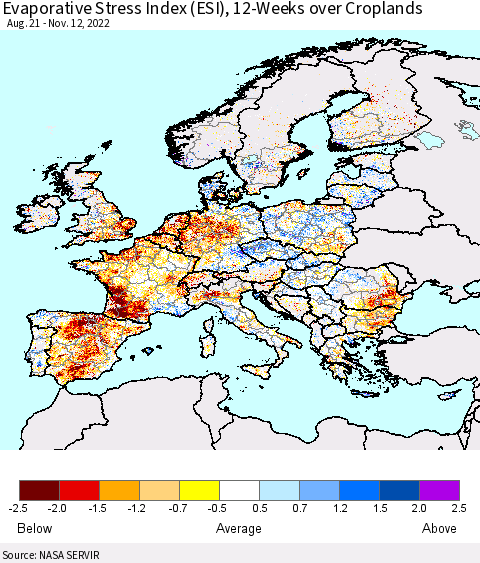 Europe Evaporative Stress Index (ESI), 12-Weeks over Croplands Thematic Map For 11/7/2022 - 11/13/2022