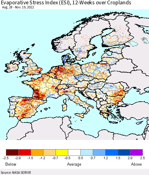 Europe Evaporative Stress Index (ESI), 12-Weeks over Croplands Thematic Map For 11/14/2022 - 11/20/2022