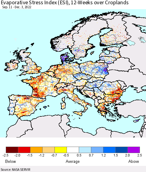 Europe Evaporative Stress Index (ESI), 12-Weeks over Croplands Thematic Map For 11/28/2022 - 12/4/2022