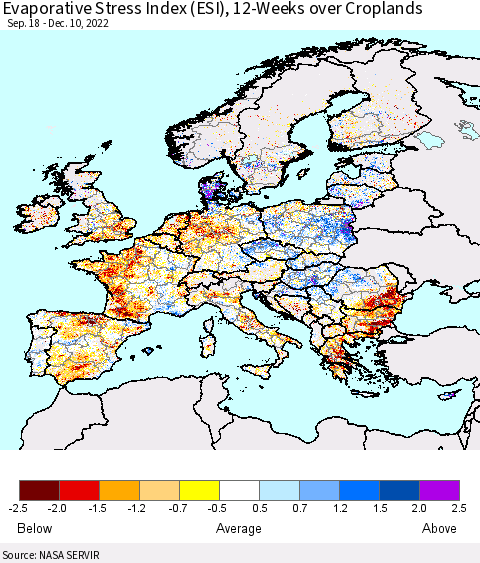 Europe Evaporative Stress Index (ESI), 12-Weeks over Croplands Thematic Map For 12/5/2022 - 12/11/2022