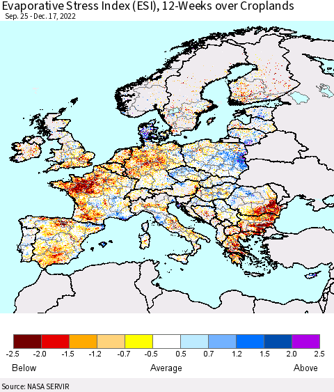 Europe Evaporative Stress Index (ESI), 12-Weeks over Croplands Thematic Map For 12/12/2022 - 12/18/2022