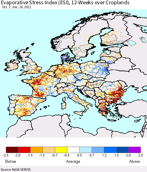 Europe Evaporative Stress Index (ESI), 12-Weeks over Croplands Thematic Map For 12/19/2022 - 12/25/2022