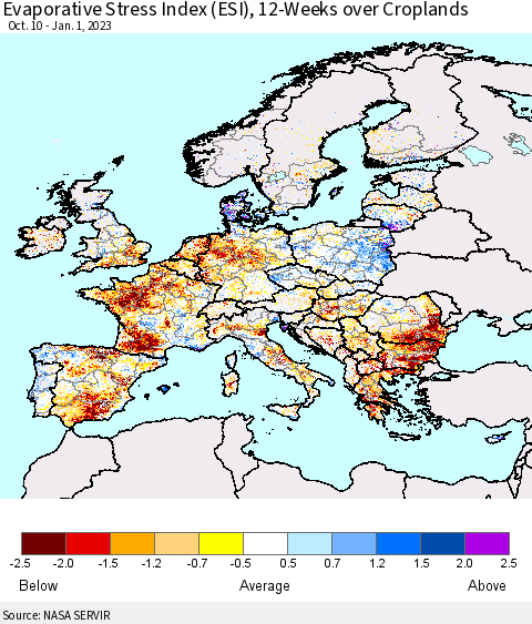 Europe Evaporative Stress Index (ESI), 12-Weeks over Croplands Thematic Map For 12/26/2022 - 1/1/2023
