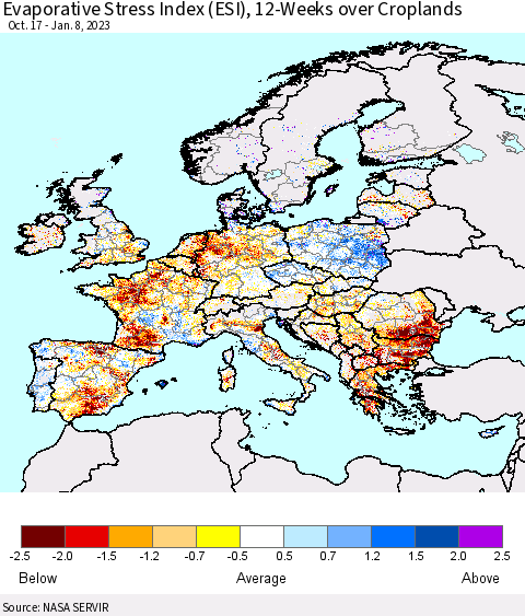 Europe Evaporative Stress Index (ESI), 12-Weeks over Croplands Thematic Map For 1/2/2023 - 1/8/2023