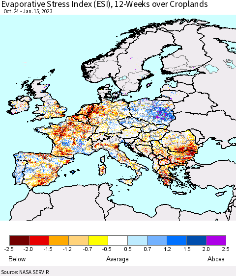 Europe Evaporative Stress Index (ESI), 12-Weeks over Croplands Thematic Map For 1/9/2023 - 1/15/2023