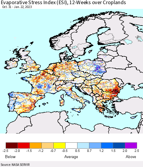 Europe Evaporative Stress Index (ESI), 12-Weeks over Croplands Thematic Map For 1/16/2023 - 1/22/2023