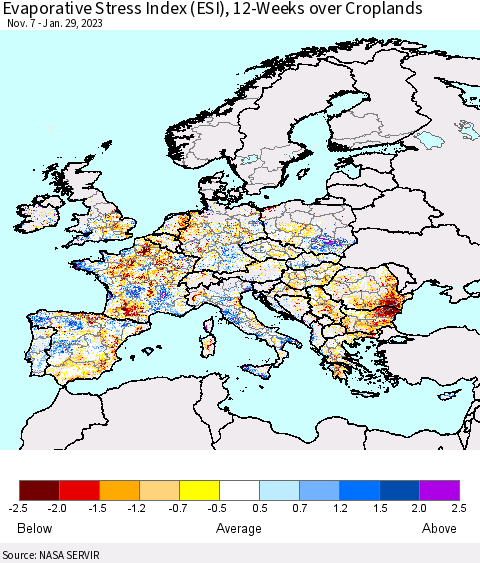 Europe Evaporative Stress Index (ESI), 12-Weeks over Croplands Thematic Map For 1/23/2023 - 1/29/2023