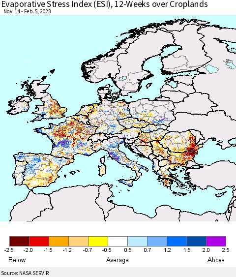 Europe Evaporative Stress Index (ESI), 12-Weeks over Croplands Thematic Map For 1/30/2023 - 2/5/2023