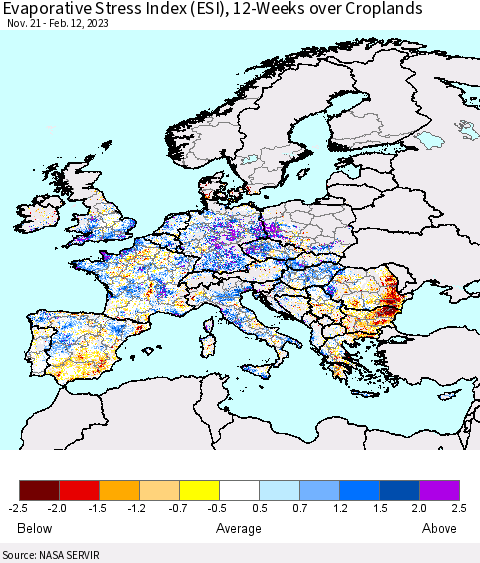 Europe Evaporative Stress Index (ESI), 12-Weeks over Croplands Thematic Map For 2/6/2023 - 2/12/2023