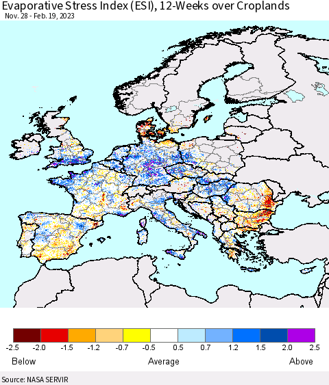 Europe Evaporative Stress Index (ESI), 12-Weeks over Croplands Thematic Map For 2/13/2023 - 2/19/2023