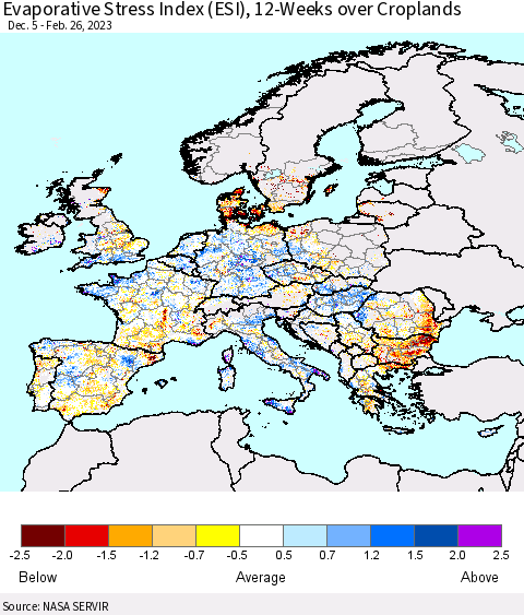 Europe Evaporative Stress Index (ESI), 12-Weeks over Croplands Thematic Map For 2/20/2023 - 2/26/2023