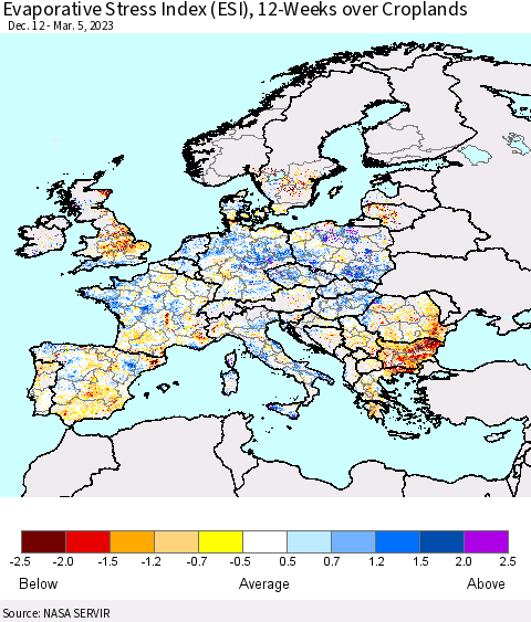 Europe Evaporative Stress Index (ESI), 12-Weeks over Croplands Thematic Map For 2/27/2023 - 3/5/2023