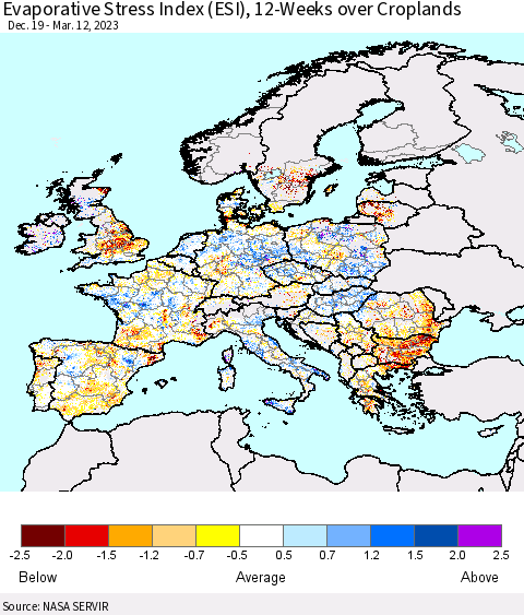 Europe Evaporative Stress Index (ESI), 12-Weeks over Croplands Thematic Map For 3/6/2023 - 3/12/2023