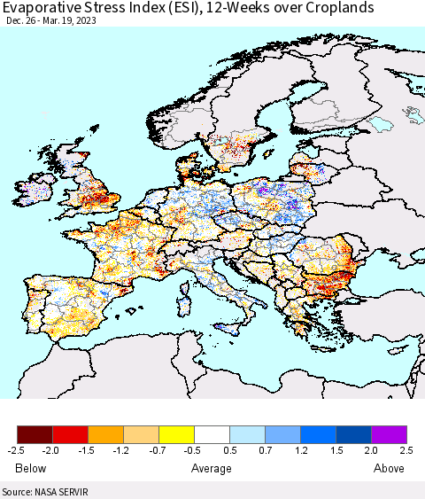 Europe Evaporative Stress Index (ESI), 12-Weeks over Croplands Thematic Map For 3/13/2023 - 3/19/2023