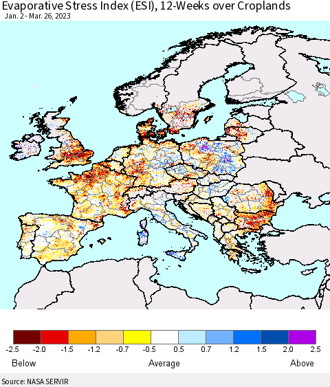 Europe Evaporative Stress Index (ESI), 12-Weeks over Croplands Thematic Map For 3/20/2023 - 3/26/2023