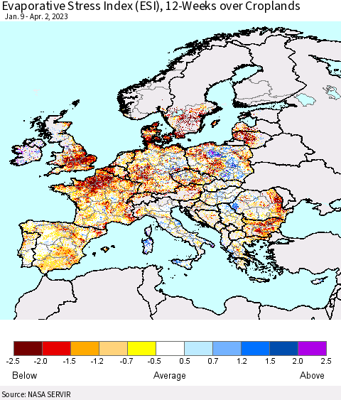 Europe Evaporative Stress Index (ESI), 12-Weeks over Croplands Thematic Map For 3/27/2023 - 4/2/2023