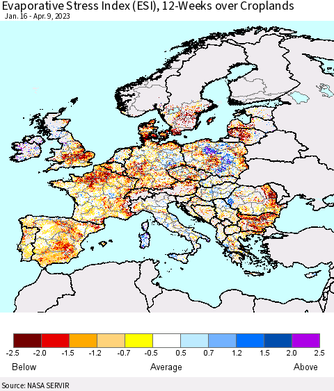 Europe Evaporative Stress Index (ESI), 12-Weeks over Croplands Thematic Map For 4/3/2023 - 4/9/2023
