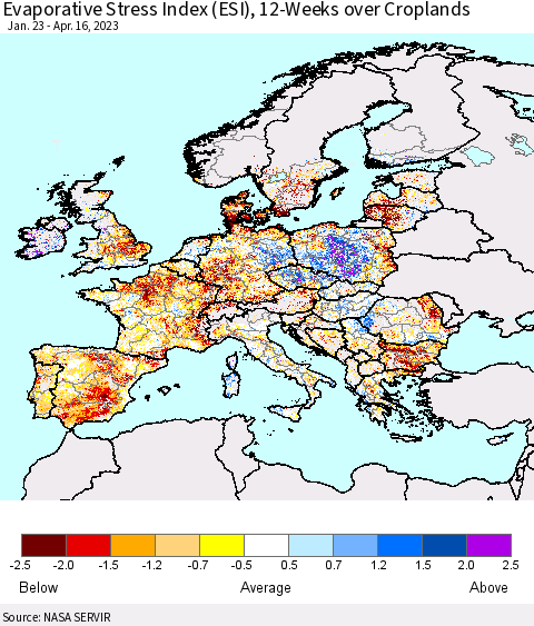 Europe Evaporative Stress Index (ESI), 12-Weeks over Croplands Thematic Map For 4/10/2023 - 4/16/2023