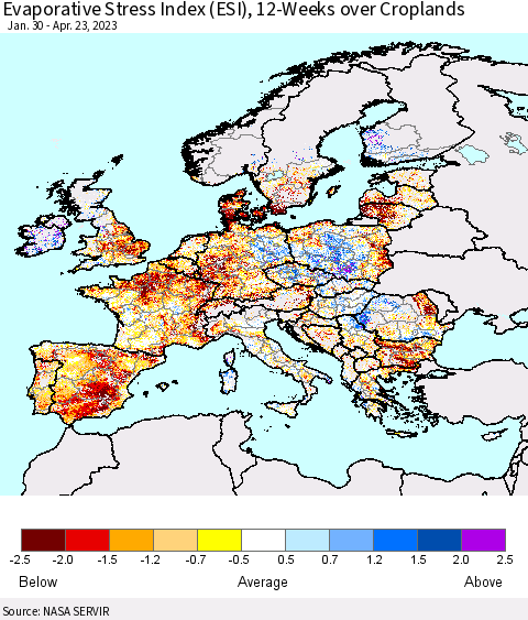 Europe Evaporative Stress Index (ESI), 12-Weeks over Croplands Thematic Map For 4/17/2023 - 4/23/2023