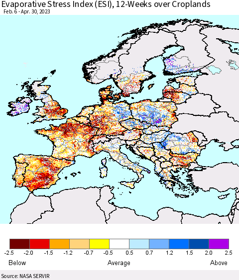 Europe Evaporative Stress Index (ESI), 12-Weeks over Croplands Thematic Map For 4/24/2023 - 4/30/2023