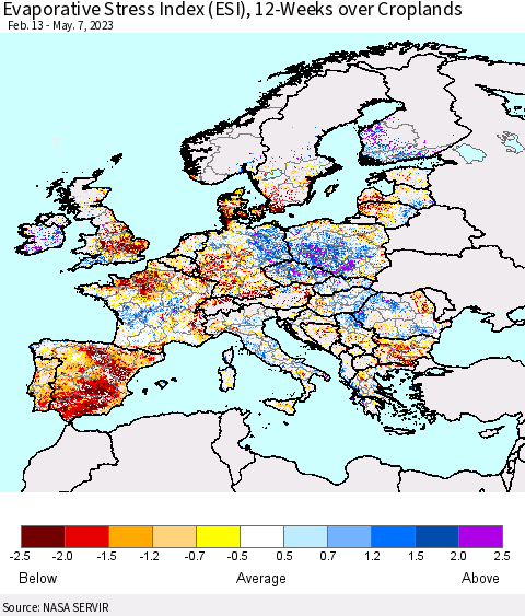 Europe Evaporative Stress Index (ESI), 12-Weeks over Croplands Thematic Map For 5/1/2023 - 5/7/2023